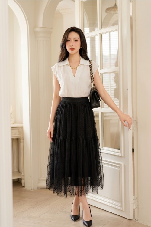 Black Mesh Flared Skirt