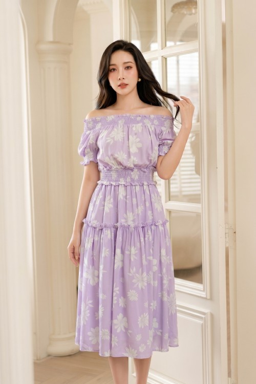 Full Wine Midi Voile Floral Print Dress