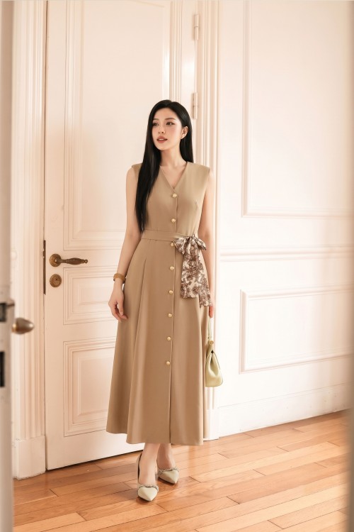 Brownish Beige Woven Flared Dress With Scarf