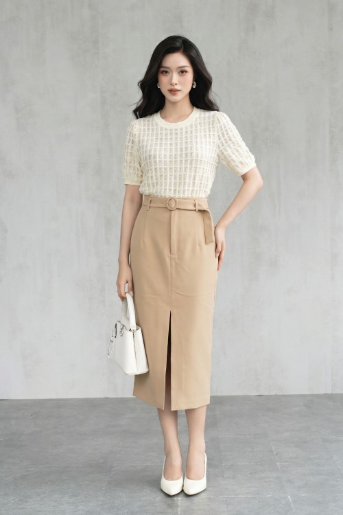 Beige Woven Pencil Skirt