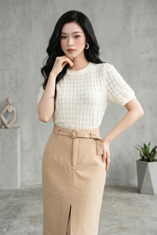 Cream Mesh Knit Blouse