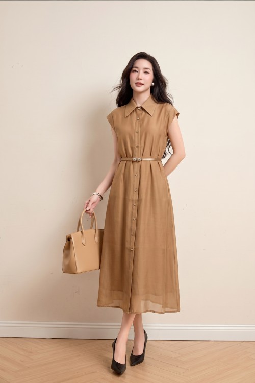 Brown Organza Loose Dress With Belt