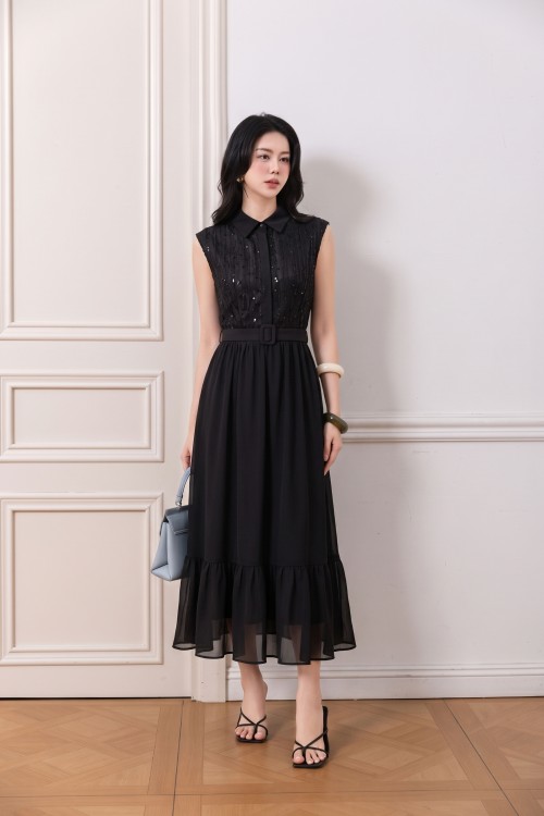 Black Chiffon Flared Dress
