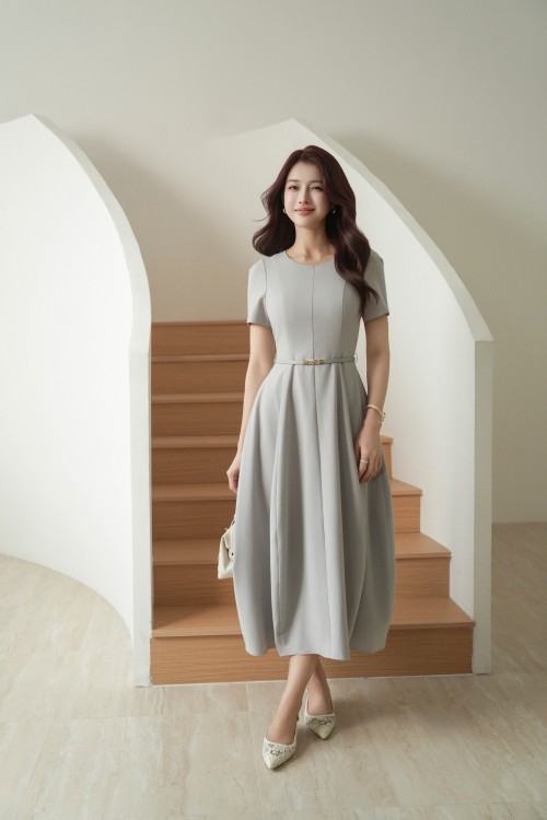 Light Grey Woven Flared Dress With Belt