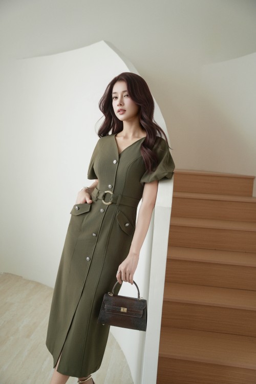 Olive Woven Pencil Dress