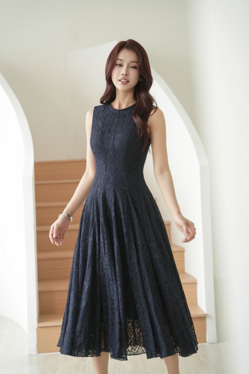 Navy Lace Flared Dress