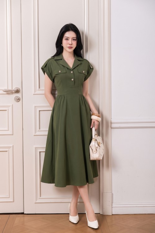 Dark Olive Green Woven Flared Dress