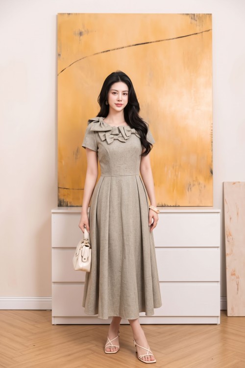 Beige Gray Bowtie Woven Flared Dress