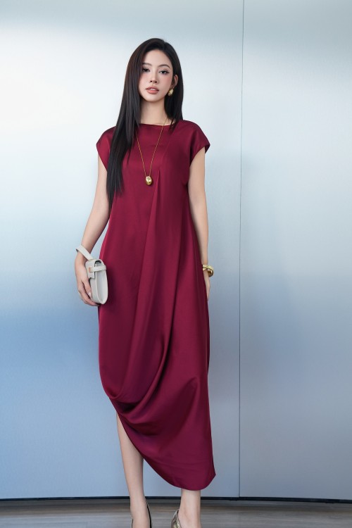 Dark Red Silk Loose Dress