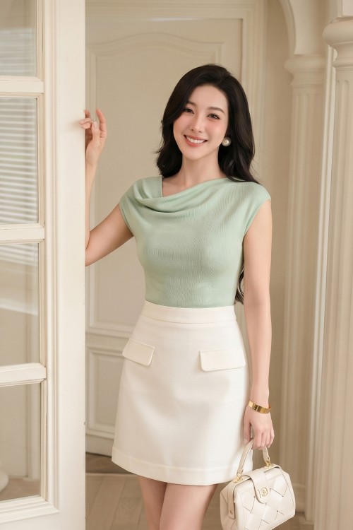 Light Mint Cowl Neck Knit Blouse