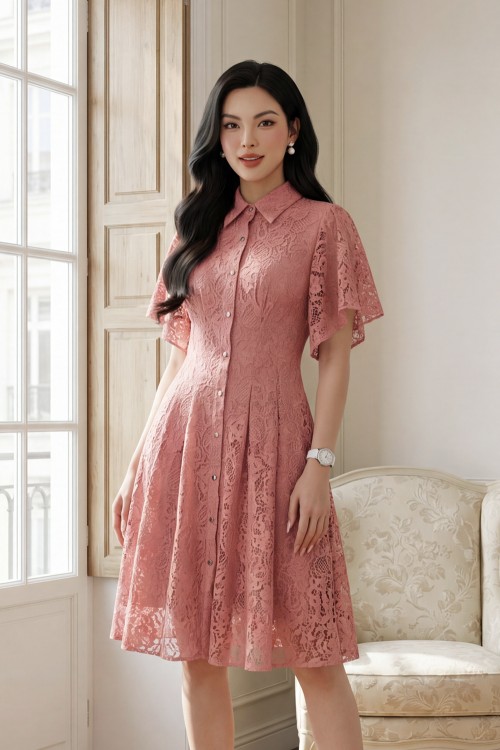 Pink Lace Flared Dress