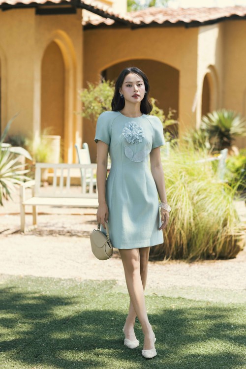 Mint 3D Flower Woven Mini Dress