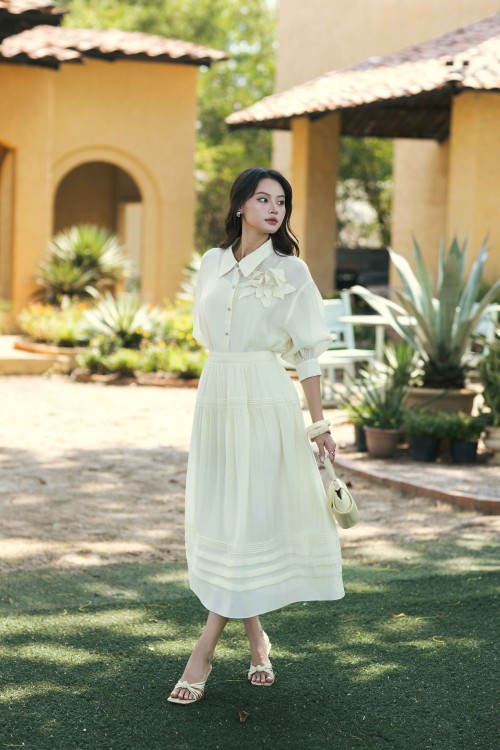 Cream Organza Flared Skirt