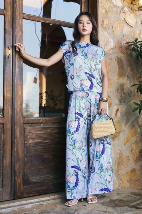 Light Purple Floral Silk Loose Pants