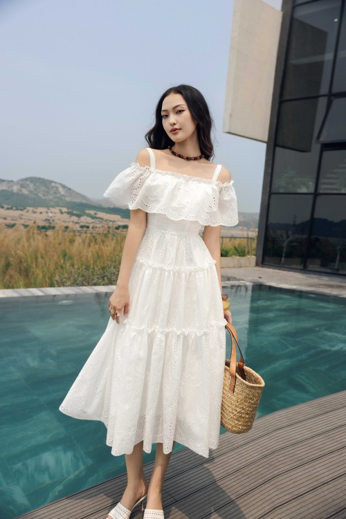 White Raw Flared Dress