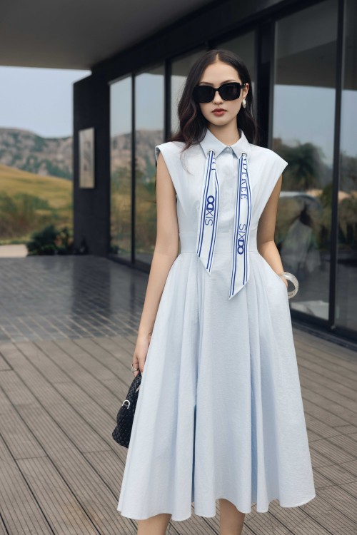 Blue Woven Flared Dress