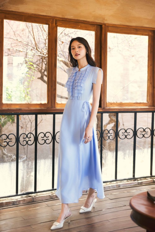 Light Blue Organza Flared Skirt