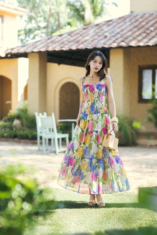 Cream Floral Organza Flared Dress