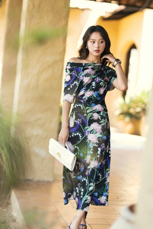 Black Floral Silk Sarong Dress