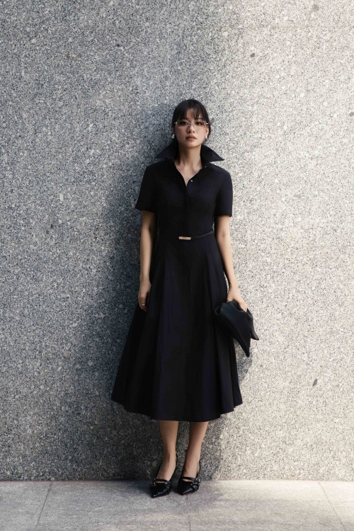 Black Raw Flared Dress With Belt