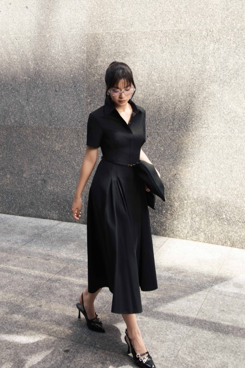 Black Raw Flared Dress With Belt