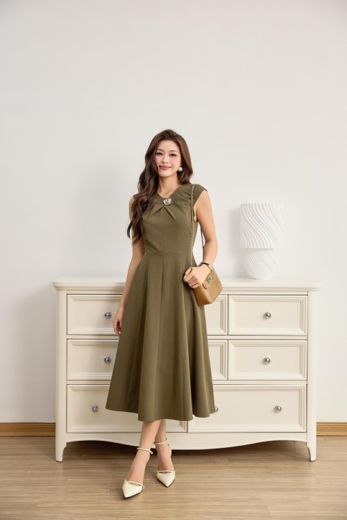 Moss Green Woven Flared Dress