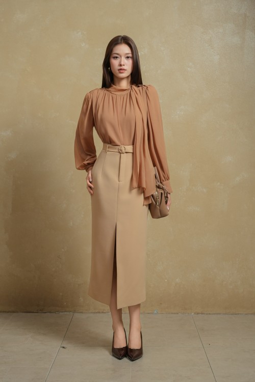 Beige Woven Pencil Skirt
