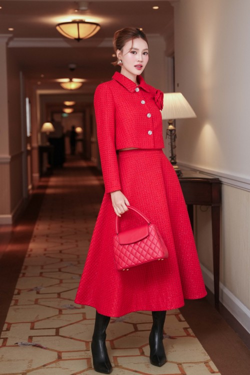 Red Tweed Flared Skirt