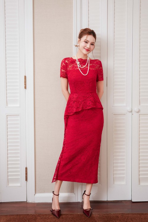 Dark Red Lace Pencil Dress