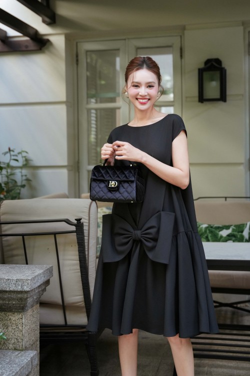 Black Bowtie Woven Loose Dress