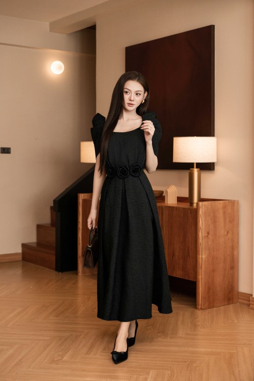 Black 3D Flower Brocade Flared Dress