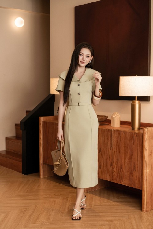 Light Olive Green Woven Pencil Dress