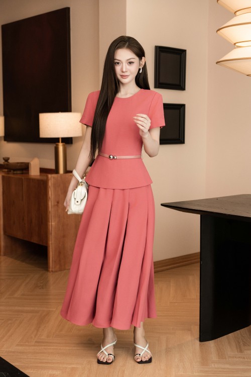 Rosy Woven Flared Dress With Belt
