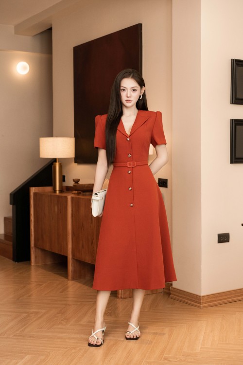 Dark Ochre Woven Flared Dress
