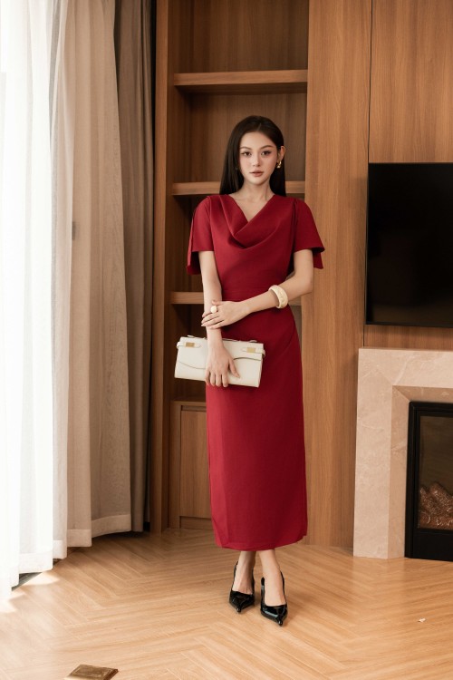 Dark Red Woven Pencil Dress