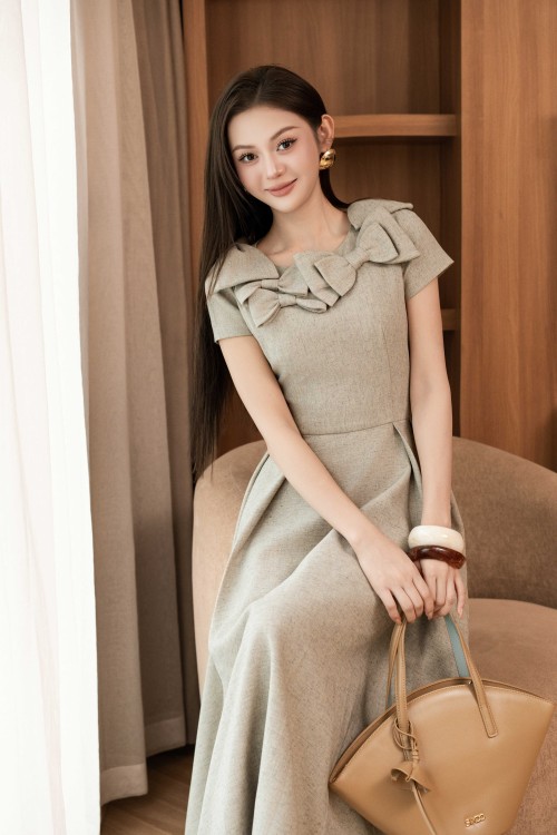 Beige Gray Bowtie Woven Flared Dress