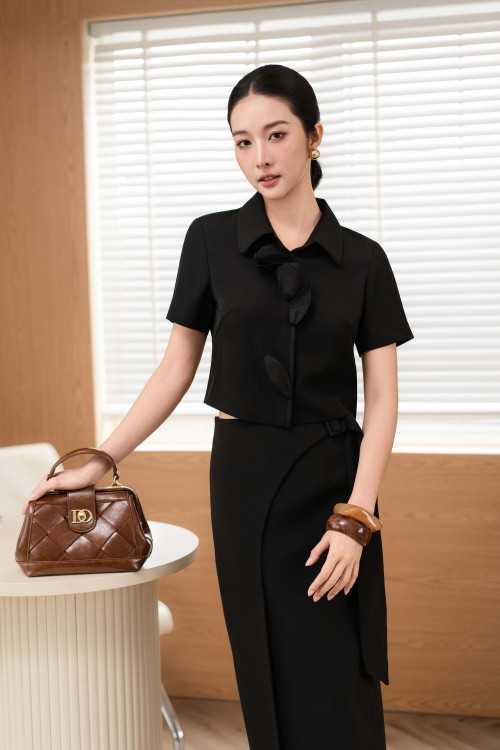 Black 3D Flower Woven Blouse