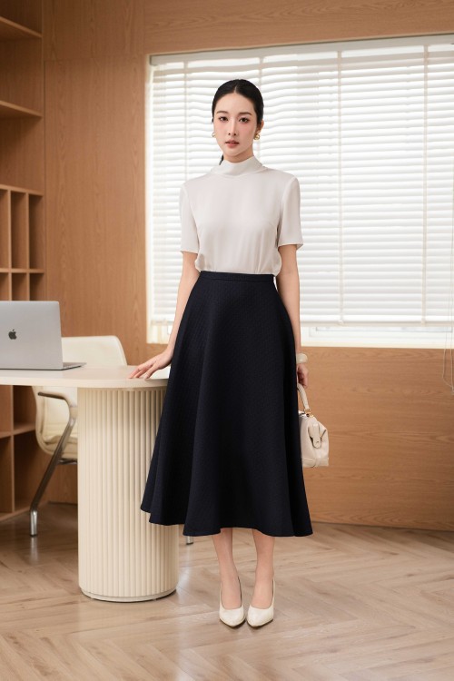 Navy Woven Flared Skirt