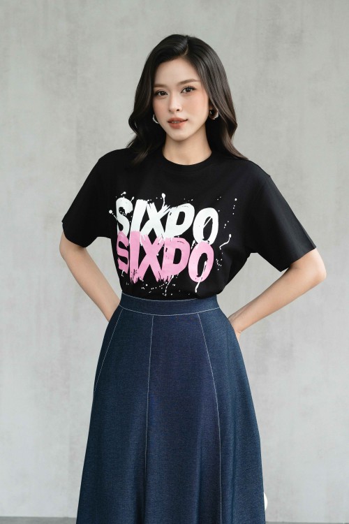 Black Sixdo Graffiti Print Cotton Tshirt