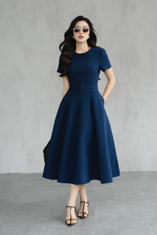 Navy Woven Flared Dress