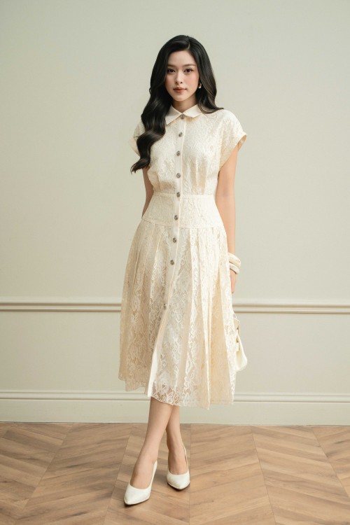 Cream Lace Flared Dress