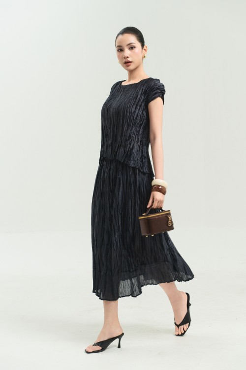 Dark Green Pleated Woven Loose Skirt