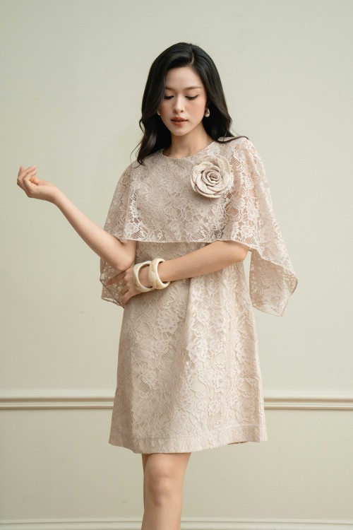 Beige Lace Loose Dress With Flower
