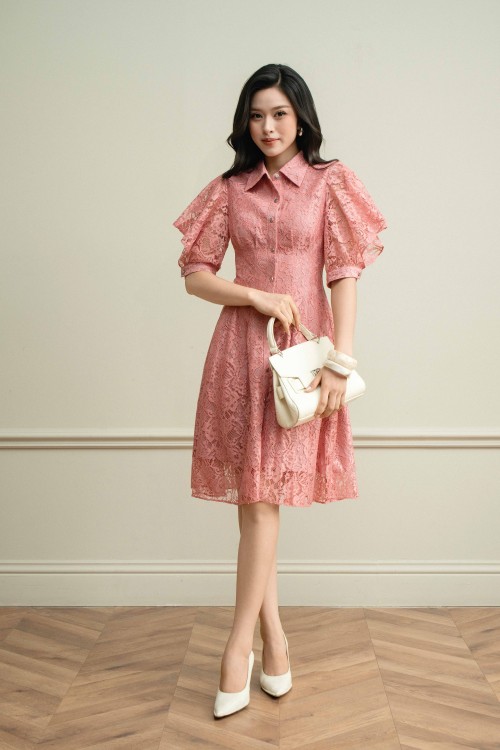 Pink Lace Flared Dress