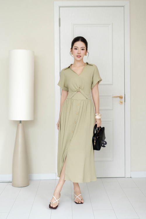 Light Green Nuggets Woven Flared Dress
