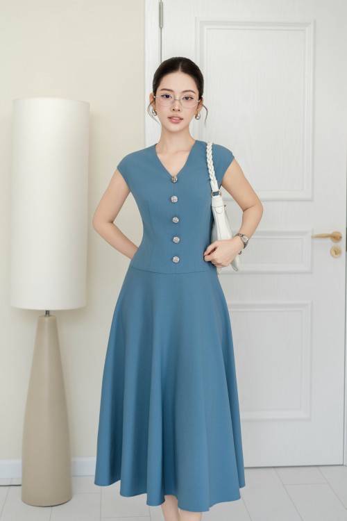 Blue Grey Woven Flared Dress