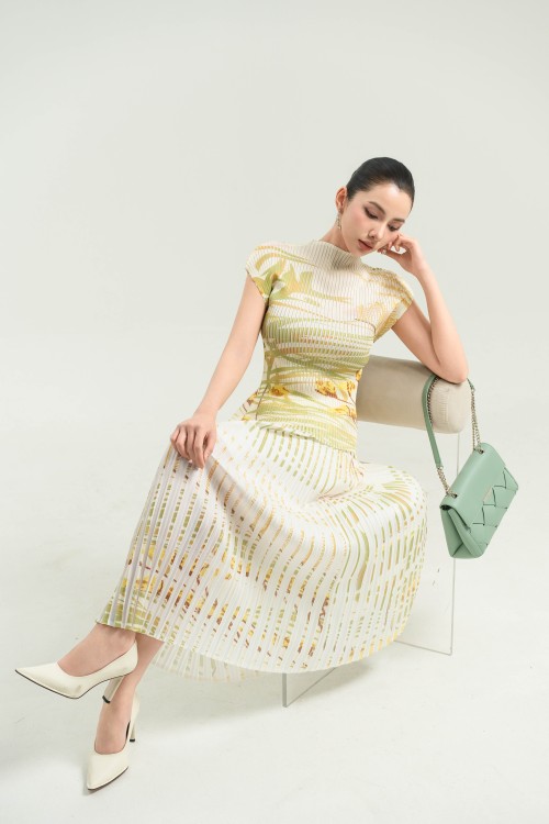 Multicolor Pleated Woven Flared Skirt
