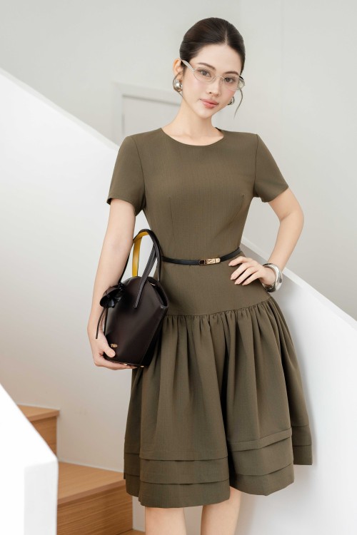 Olive Woven Flared Dress With Belt