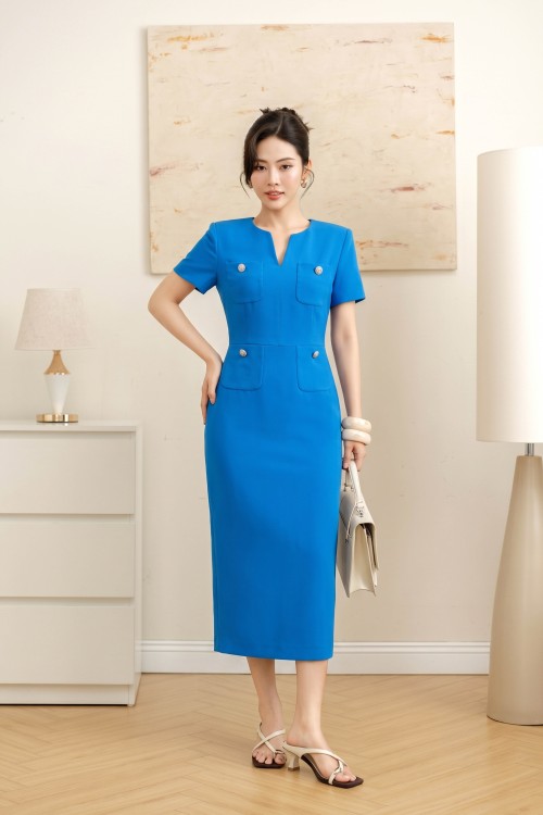 Blue Woven Pencil Dress