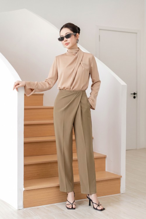 Nude Long Sleeves Silk Blouse